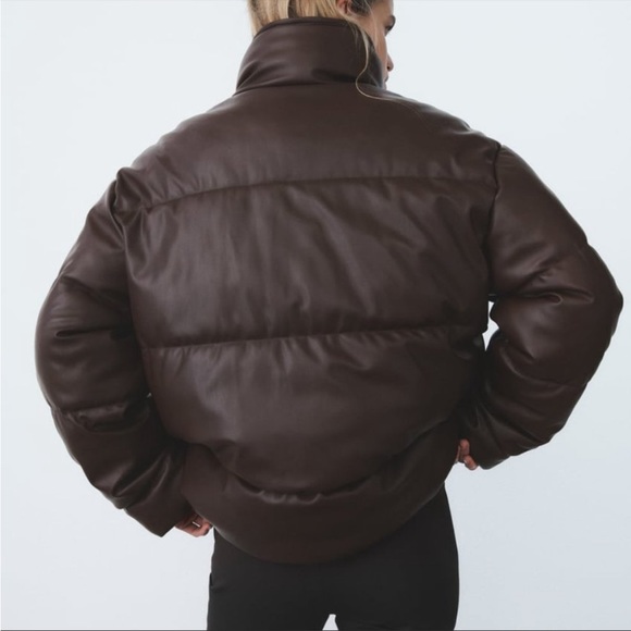 Zara Jackets & Blazers - Burgundy/Brown FAUX LEATHER PUFFER